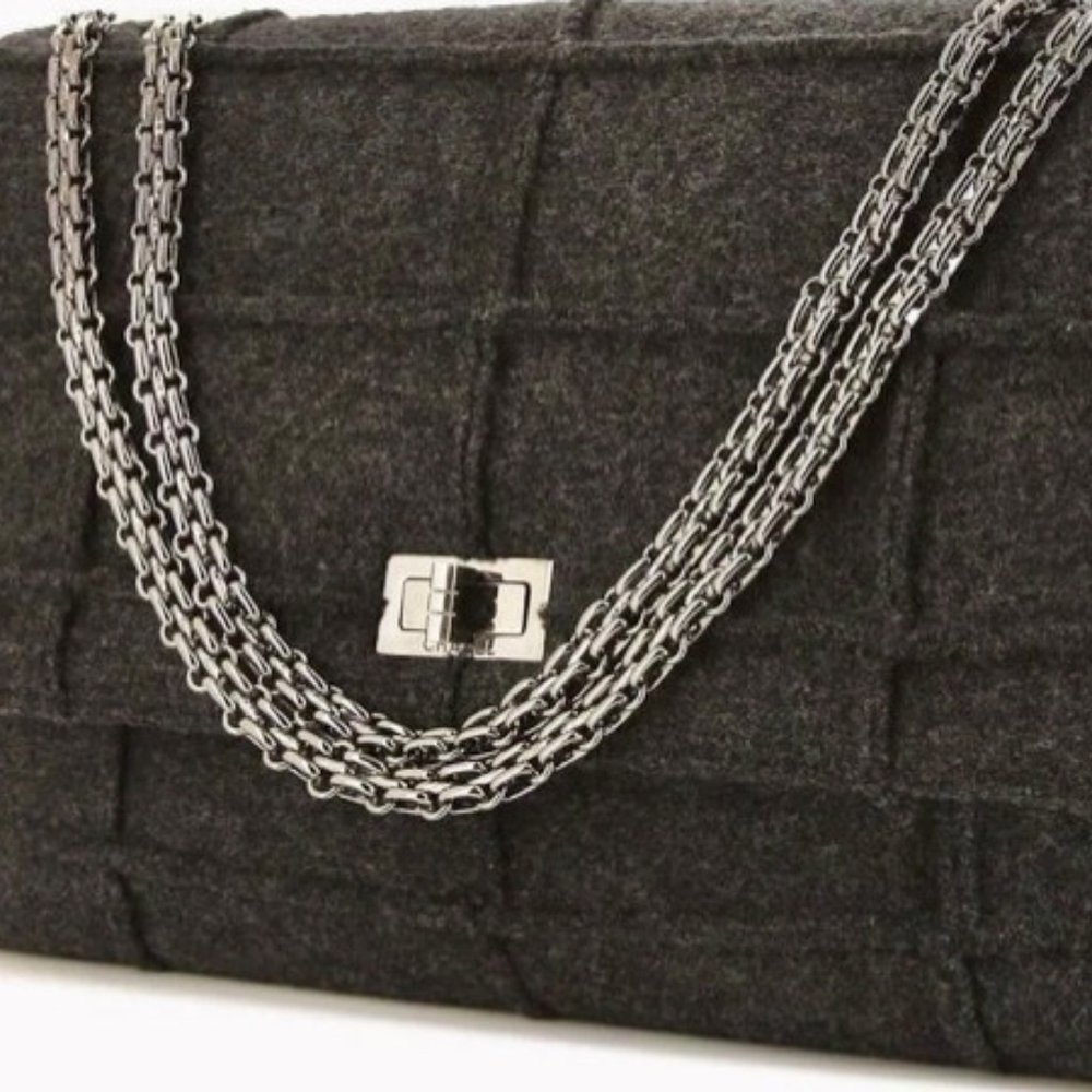 Chanel Grey Wool 2.55 Bag reissue Silver chain hardware "Mademoiselle" turn lock